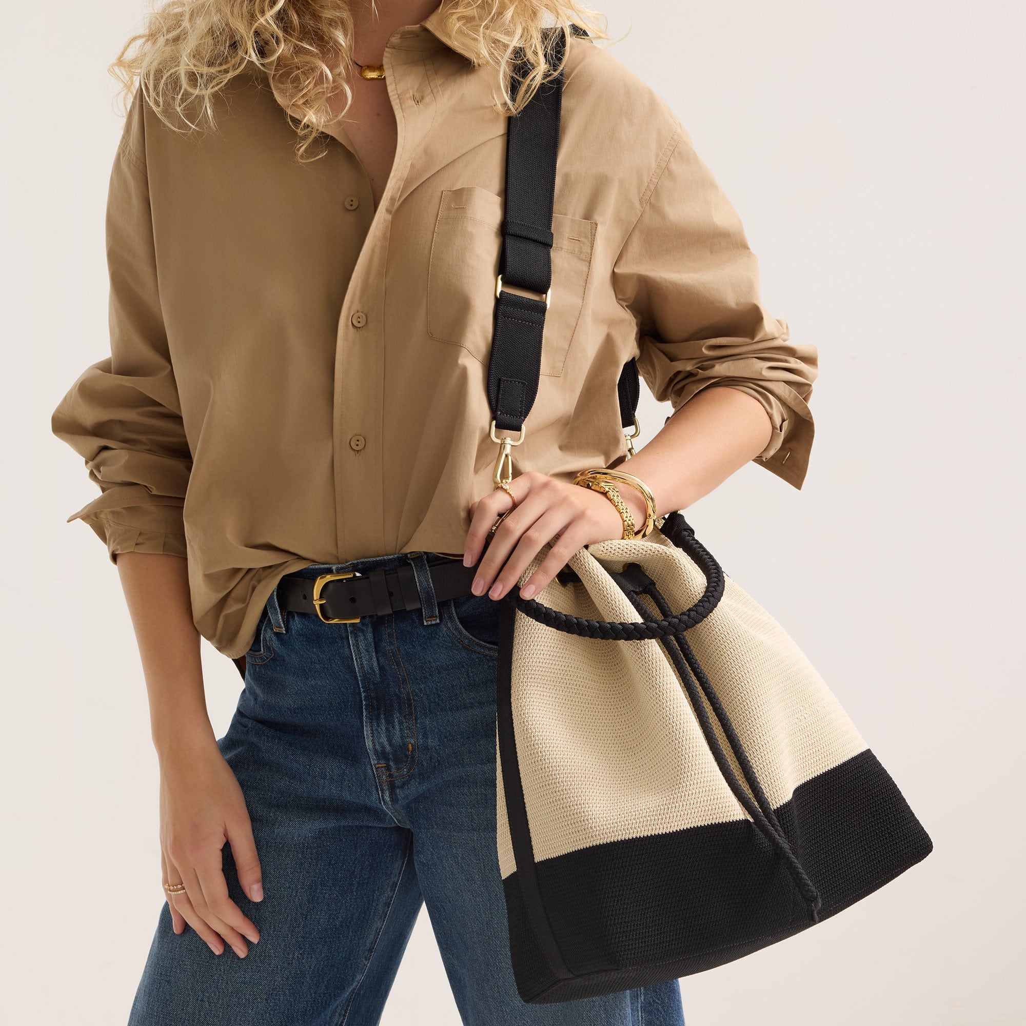 The Cinch Bucket Bag - Black and White Raffia-Knit - Image 3