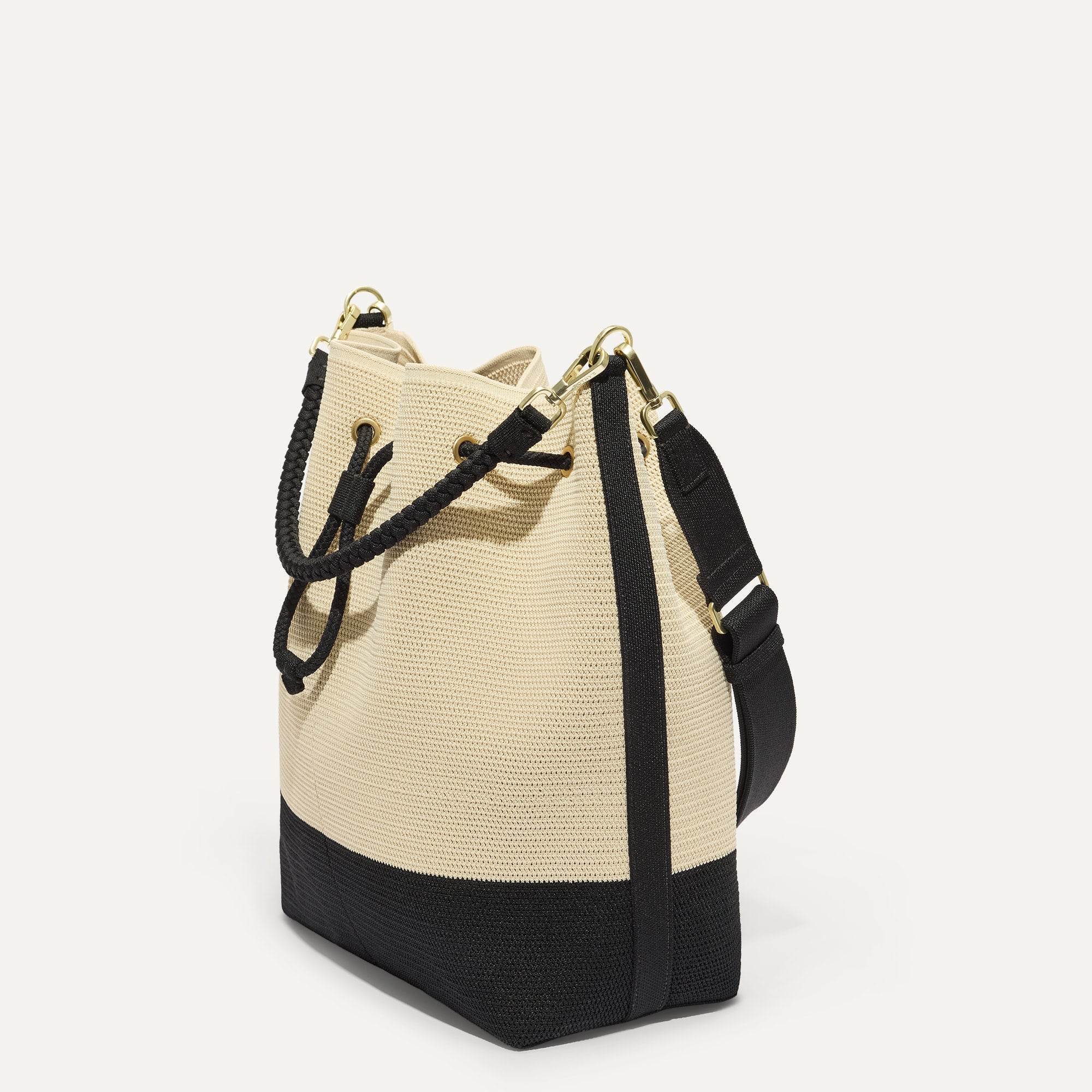 The Cinch Bucket Bag - Black and White Raffia-Knit - Image 4